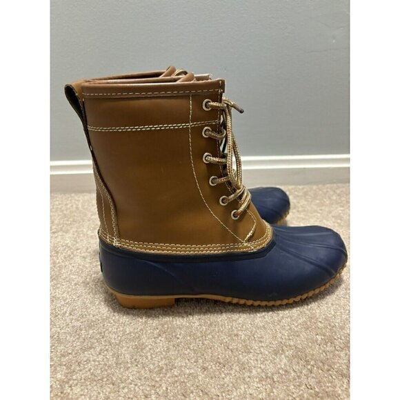 Khombu Letty Brown Blue Leather Rubber Lace Duck Boots Womens Size 8M EUC - Picture 1 of 8